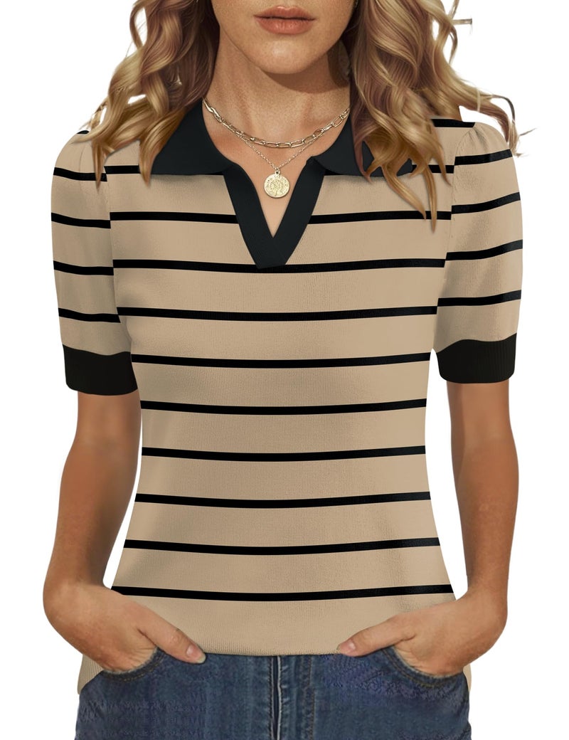 LOMON Work Blouses for Women Polo Shirt Cute Tops Short Sleeve Fall Clothes V Neck Knit Pullover Sweater Teacher Outfis(Apricot 1,Medium) - Image 1