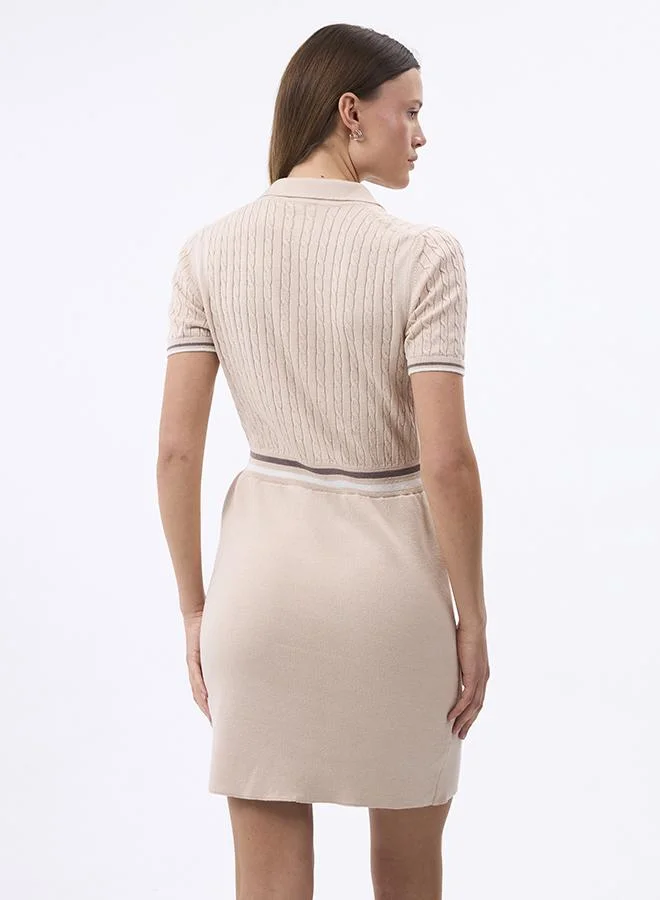 FELIX HARDY light beige V neck Collared Elegant Knit Midi Summer Dress for Women | Best Price UAE