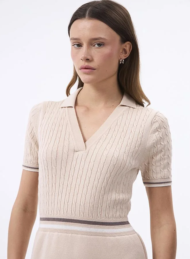 FELIX HARDY light beige V neck Collared Elegant Knit Midi Summer Dress for Women | Best Price UAE