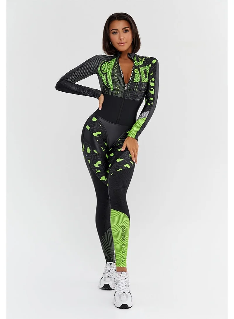 Bona Fide Premium Full-Body Athletic Jumpsuit for Women - Sculpting One-Piece Workout Bodysuit with Tummy Control - Professional Compression Romper for Gym, Yoga & Fitness - Black/Neon Green