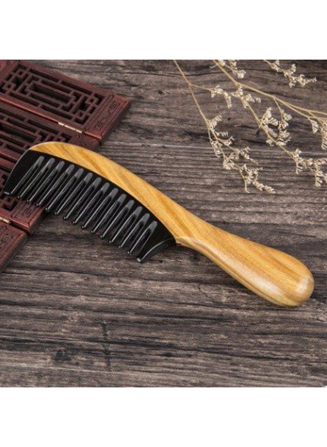 Myhsmooth Gb-yb-mt Wide Tooth Handmade No Static Black Buffalo Horn Comb with Green Sandalwood Handle (Rounded) - Image 2