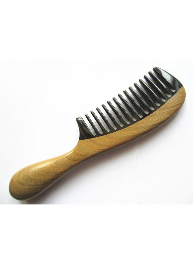 Myhsmooth Gb-yb-mt Wide Tooth Handmade No Static Black Buffalo Horn Comb with Green Sandalwood Handle (Rounded) - Image 1