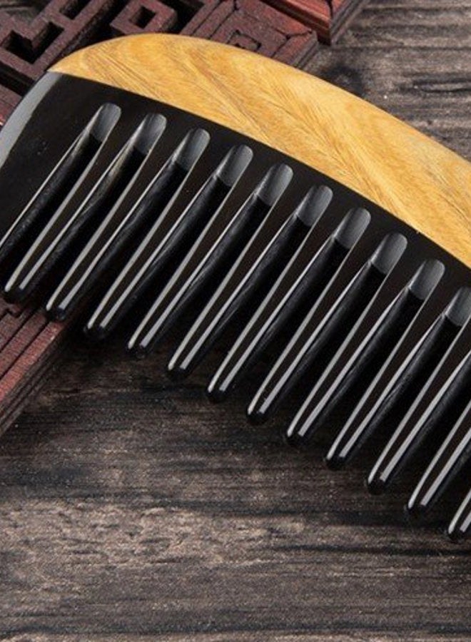 Myhsmooth Gb-yb-mt Wide Tooth Handmade No Static Black Buffalo Horn Comb with Green Sandalwood Handle (Rounded) - Image 4