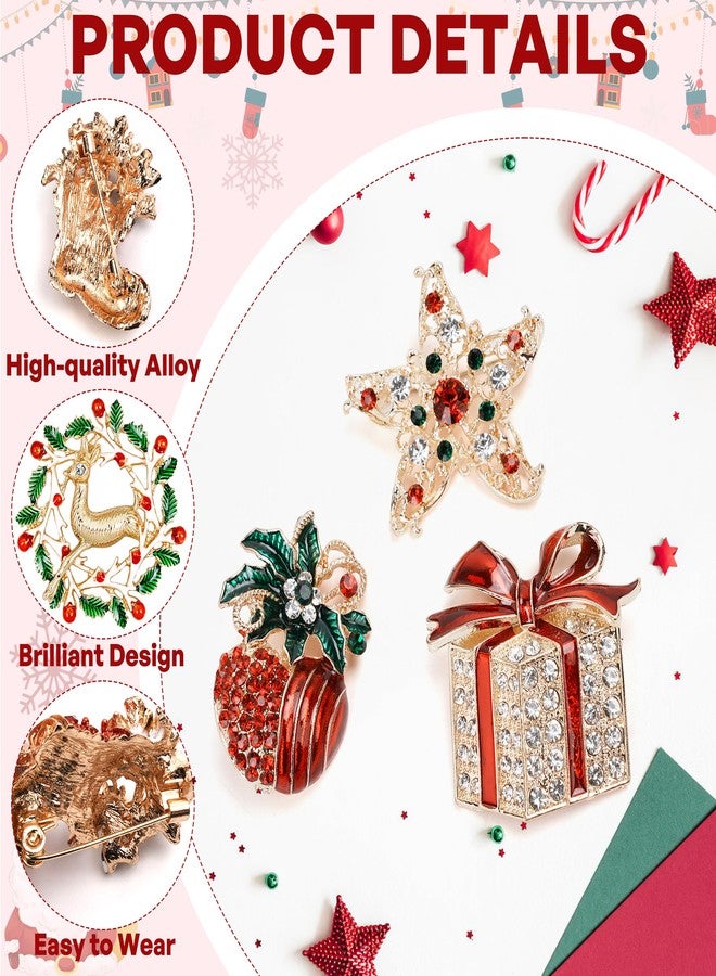 Qenk 12 Pcs Christmas Brooch Pins Set with Rhinestone for Women Xmas Tree Deer Wreath Bell Brooches Set Christmas Ornaments Party Gift (Style-2) - Image 3