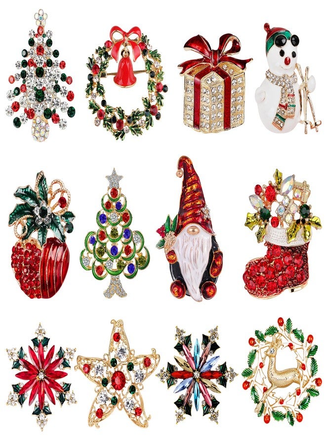 Qenk 12 Pcs Christmas Brooch Pins Set with Rhinestone for Women Xmas Tree Deer Wreath Bell Brooches Set Christmas Ornaments Party Gift (Style-2) - Image 1