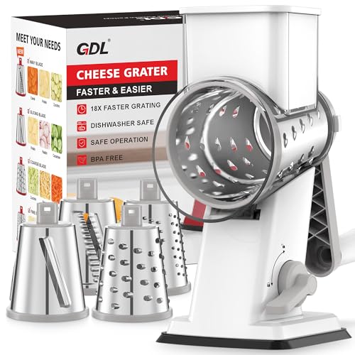 GDL Rotary Cheese Grater Hand Crank Upgraded Cheese Shredder with 4 Interchangeable Blades Rotary Grater with Nonslip Suction Base Easy to Clean Kitchen Grater Slicer Grinder for Vegetable Nuts - Image 1