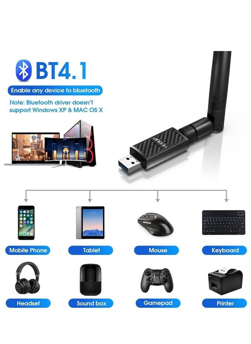 EDUP - USB 3.0 Bluetooth WiFi Adapter AC 1200Mbps with 6dBi Antenna 2.4G/5Ghz Bluetooth 4.1 Receiver Wi-Fi Dongle Wireless Network Adapters for Windows 10/8/8.1/7, Mac OS X 10.6-10.15 - Image 1