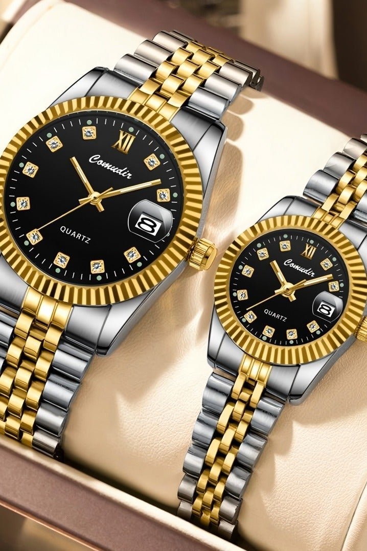 كومودير Shandong Lianxiang Machinery Co., Ltd. الفولاذ المقاوم للصدأ حزام زوجين كوارتز ووتش مجموعة,عرض التناظرية جولة الطلب مع أحجار الراين الديكور,فاخر مضيئة للماء التقويم ووتش هدية للرجال والنساء - Image 4