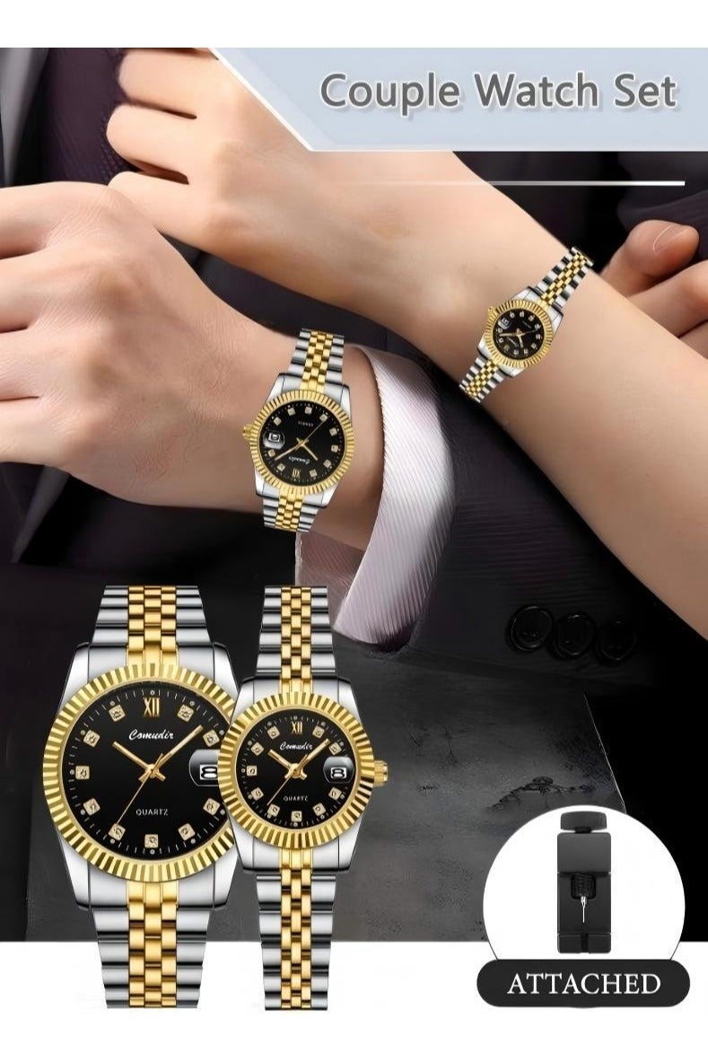 كومودير Shandong Lianxiang Machinery Co., Ltd. الفولاذ المقاوم للصدأ حزام زوجين كوارتز ووتش مجموعة,عرض التناظرية جولة الطلب مع أحجار الراين الديكور,فاخر مضيئة للماء التقويم ووتش هدية للرجال والنساء - Image 2