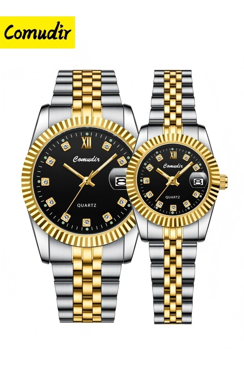 كومودير Shandong Lianxiang Machinery Co., Ltd. الفولاذ المقاوم للصدأ حزام زوجين كوارتز ووتش مجموعة,عرض التناظرية جولة الطلب مع أحجار الراين الديكور,فاخر مضيئة للماء التقويم ووتش هدية للرجال والنساء - Image 1