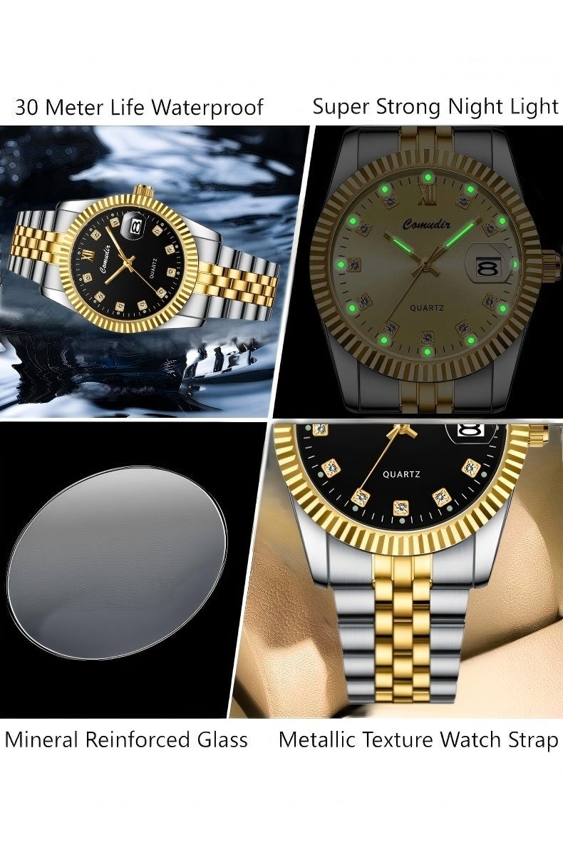 كومودير Shandong Lianxiang Machinery Co., Ltd. الفولاذ المقاوم للصدأ حزام زوجين كوارتز ووتش مجموعة,عرض التناظرية جولة الطلب مع أحجار الراين الديكور,فاخر مضيئة للماء التقويم ووتش هدية للرجال والنساء - Image 5