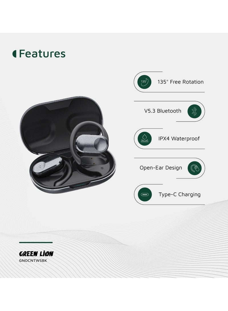 GREEN LION Ocean Open Ear Waterproof Headphones / 135° Free Rotation / Wireless Earbuds / Touch Control / Type-C Charging / 6 hrs Playtime / Hands-Free / Headphones for Gaming with Voice Assistant - Black - Image 2