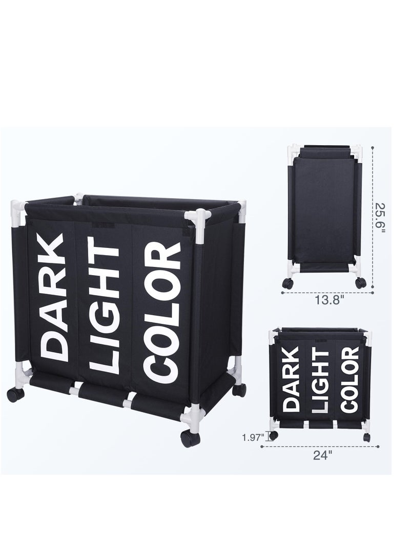 بواو سلة غسيل بـ 3 أقسام، سلة غسيل بـ 3 أكياس مع عجلات قابلة للقفل للخدمة الشاقة وأكياس قابلة للإزالة، سلة غسيل منظمة فاصلة للملابس، سلة غسيل فاصلة، أسود اللون - Image 2