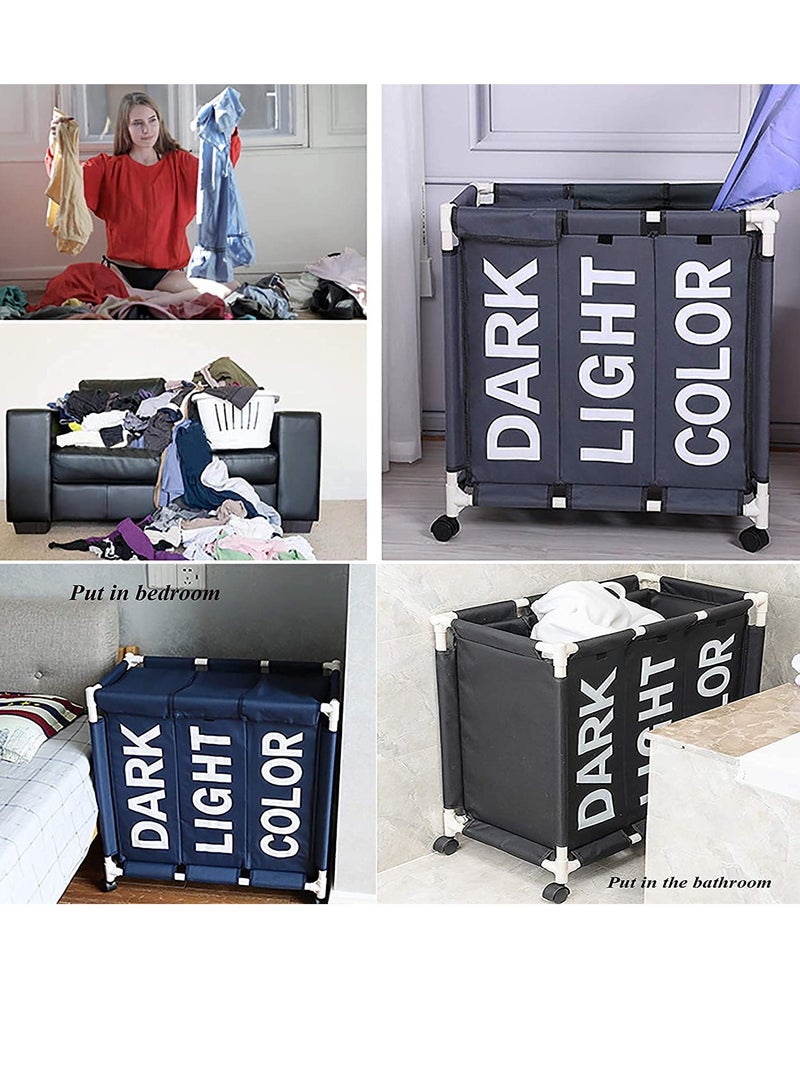 بواو سلة غسيل بـ 3 أقسام، سلة غسيل بـ 3 أكياس مع عجلات قابلة للقفل للخدمة الشاقة وأكياس قابلة للإزالة، سلة غسيل منظمة فاصلة للملابس، سلة غسيل فاصلة، أسود اللون - Image 3