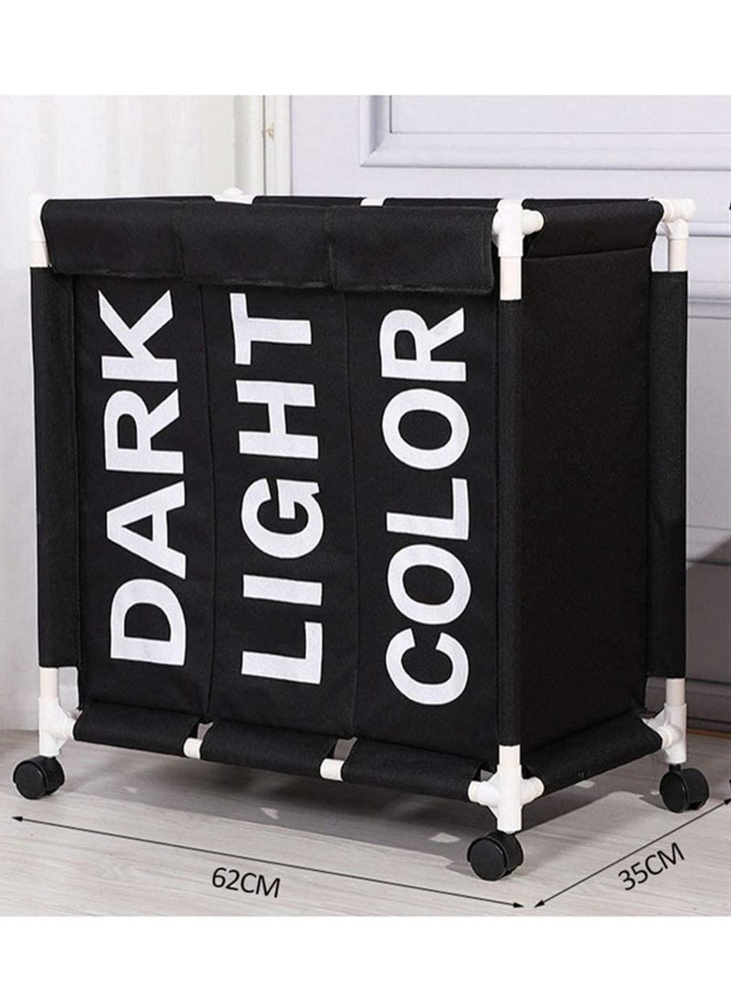 بواو سلة غسيل بـ 3 أقسام، سلة غسيل بـ 3 أكياس مع عجلات قابلة للقفل للخدمة الشاقة وأكياس قابلة للإزالة، سلة غسيل منظمة فاصلة للملابس، سلة غسيل فاصلة، أسود اللون - Image 4