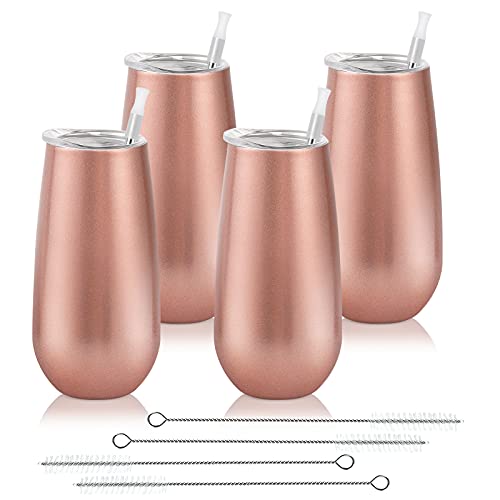 Lifecapido 4 Pack Stemless Tumbler, Insulated Champagne Glass 6 Oz Reusable Toasting Glasses with Lid, Stemless Flute Wine Tumbler (Rose Gold) - Image 1