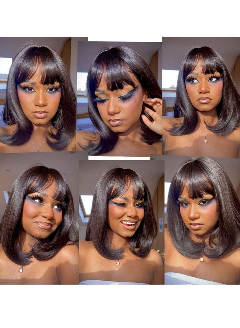 Estelle Short Bob Wigs with Bangs Brazilian Straight Human Hair Wigs 150% Density None Lace Front Wigs Glueless Machine Made Bob Wigs for Black Women Natural Color - Image 4