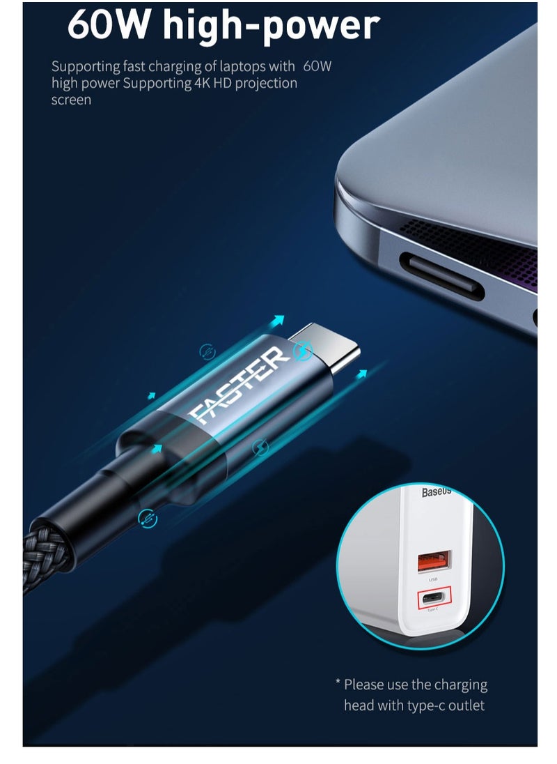 فاستر كابل شحن سريع 60 وات USB-C إلى C بطول 1 متر - كابل QC 3.0 من النوع C لأجهزة iPhone وAndroid وMacbook والكمبيوتر المحمول - كابل شاحن طويل مجدول للشحن السريع PD - سميك ومتين  - Image 2