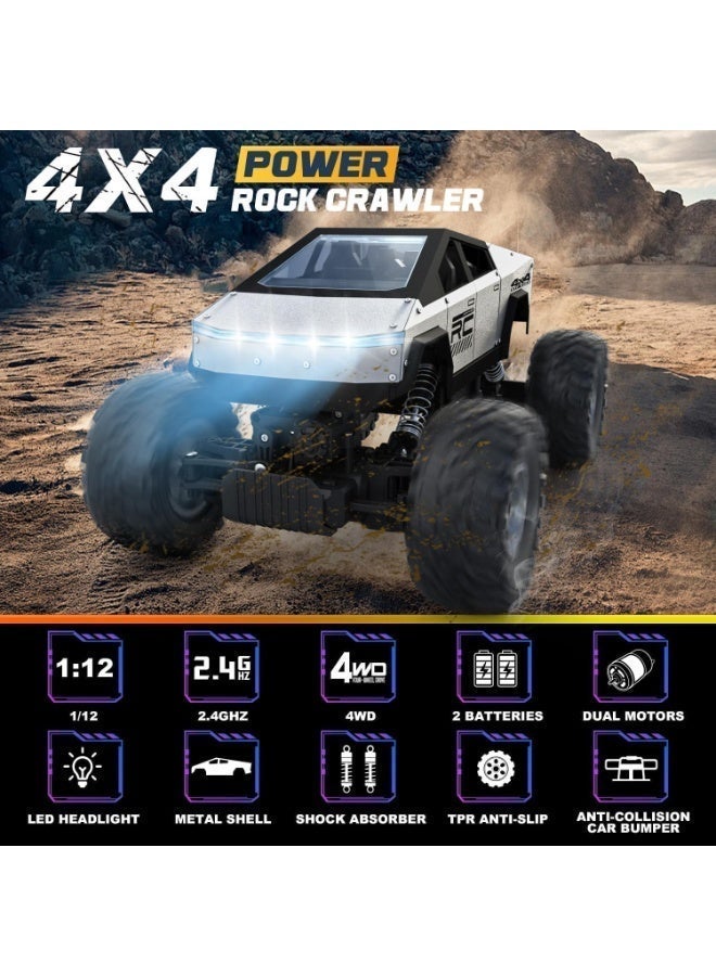 Twisoo 4WD Off-Road RC Truck for Kids & Adults | 2.4GHz Remote Control Rock Crawler | Dual Motor High-Speed RC Car with LED Headlights | Waterproof All-Terrain RC Vehicle Toy (Silver) - Image 5