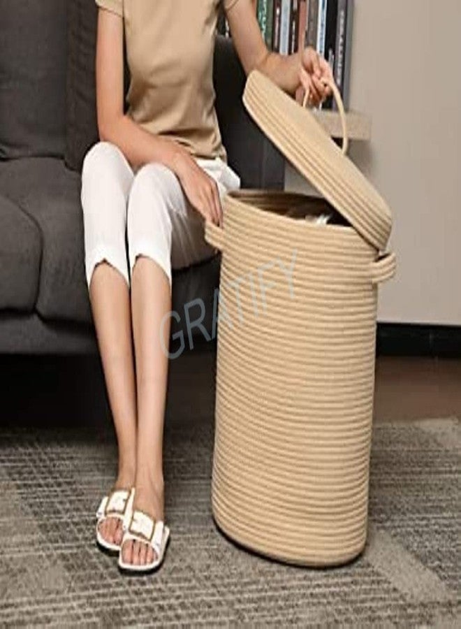 GRATIFY Mansa Traders 12" X 12" X 14" Large Round Storage Basket With Lid, Cotton Rope Storage Baskets, Laundry Hamper, Brown Stiches With Cover - Image 2