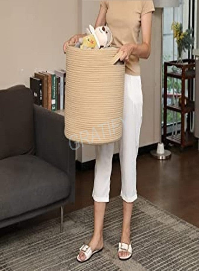 GRATIFY Mansa Traders 12" X 12" X 14" Large Round Storage Basket With Lid, Cotton Rope Storage Baskets, Laundry Hamper, Brown Stiches With Cover - Image 4
