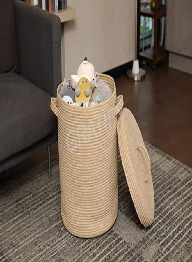 GRATIFY Mansa Traders 12" X 12" X 14" Large Round Storage Basket With Lid, Cotton Rope Storage Baskets, Laundry Hamper, Brown Stiches With Cover - Image 3
