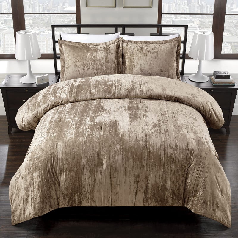 Fredsure Crinkle Velvet Comforter Set, 3 Pieces Khaki Queen, Crinkle Velvet Face and Brushed Microfiber Reverse, with Light Poly Fill - Image 2