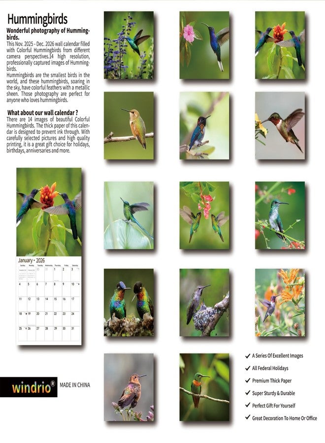 windrio 2026 Wall Calendar,Calendar 2026, November 2025 - December 2026, Wall Calendar Hummingbird, 12" x 24" Opened,Full Page Months Thick & Sturdy Paper for Calendar Organizing & Planning - Image 2