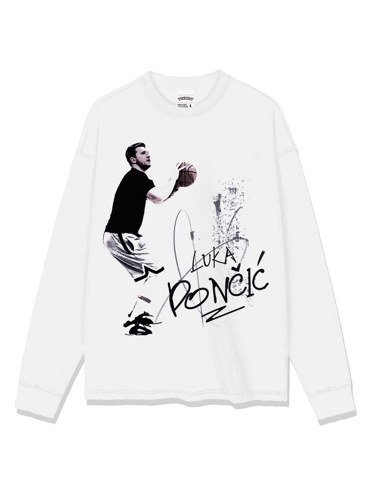 Doncic Luka Doncic Printed Short-Sleeved T-Shirt Heavyweight Long-Sleeved Crew Neck Hooded Sweatshirt Pure Cotton Long-Sleeved T-Shirt For Men - Image 4