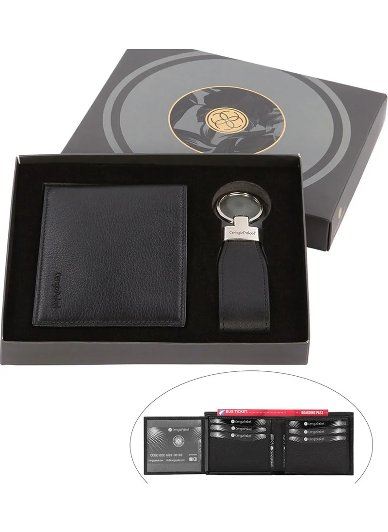 Cengiz Pakel Genuine Leather Black Men's Wallet + Keychain Gift Set