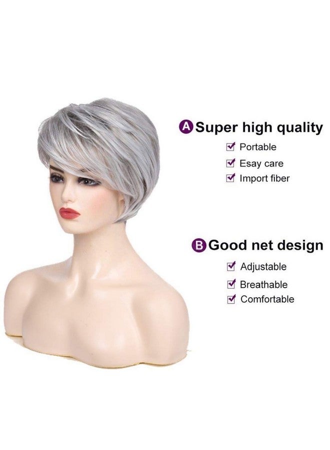 Beweig Short Grey Wigs For White Women Short Cut Layer Sliver Gray Wigs With Bangs Synthetic Hair Replacement Wigs - Image 3