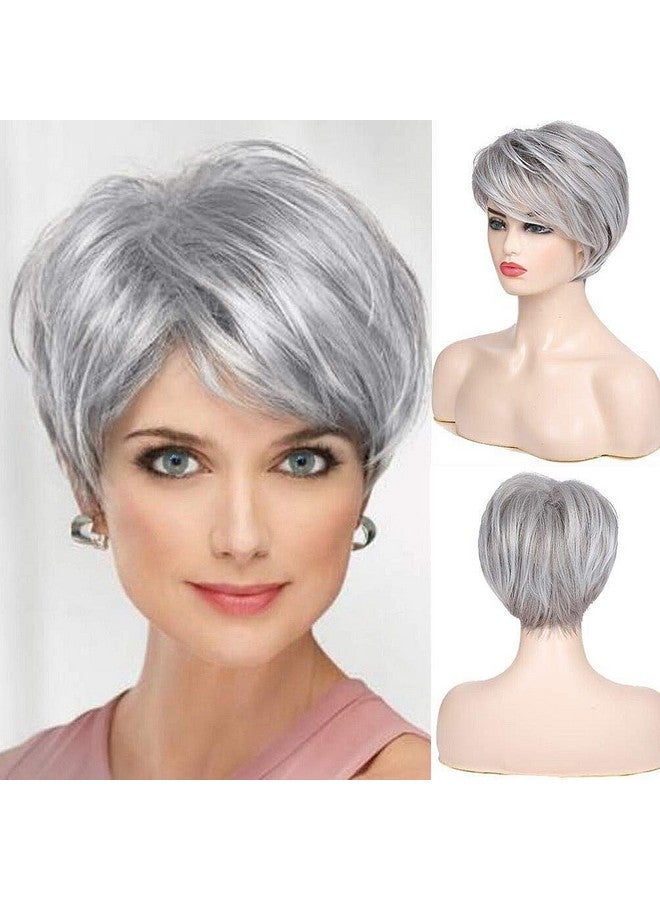 Beweig Short Grey Wigs For White Women Short Cut Layer Sliver Gray Wigs With Bangs Synthetic Hair Replacement Wigs - Image 2