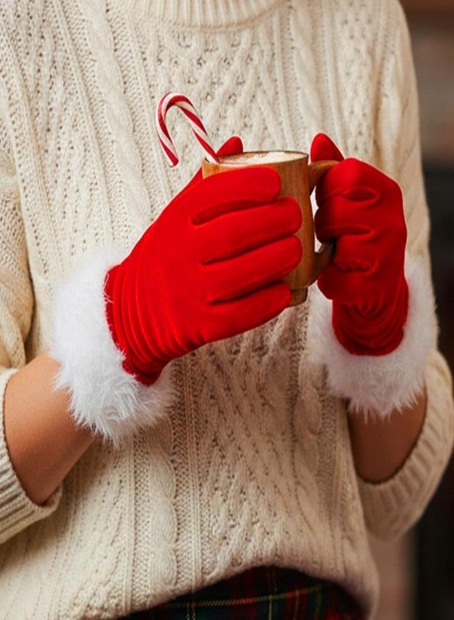 Latious Velvet Christmas Gloves Red Short Santa Costume Gloves Xmas Furry accessories for Women and Girls - Image 2