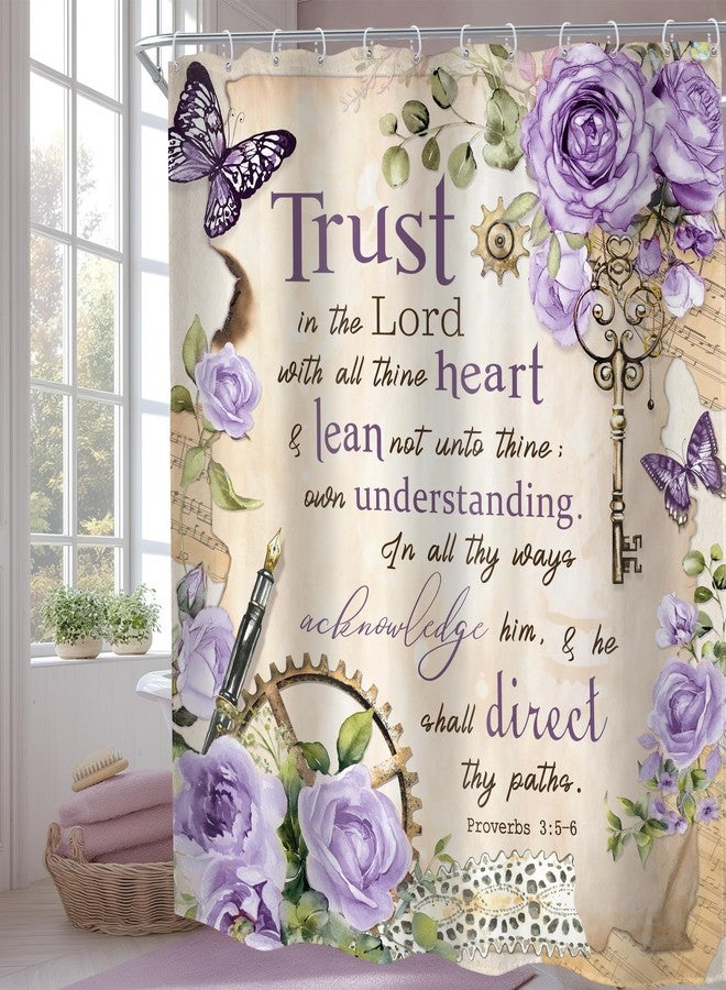 MESHELLY Vintage Purple Christian Shower Curtain 60Wx72H Retro Floral Bible Verse Bathroom Curtain Scripture Bath Curtain Fabric Rustic Flower Butterfly Quotes Bathroom Decor with 12 Hooks - Image 2