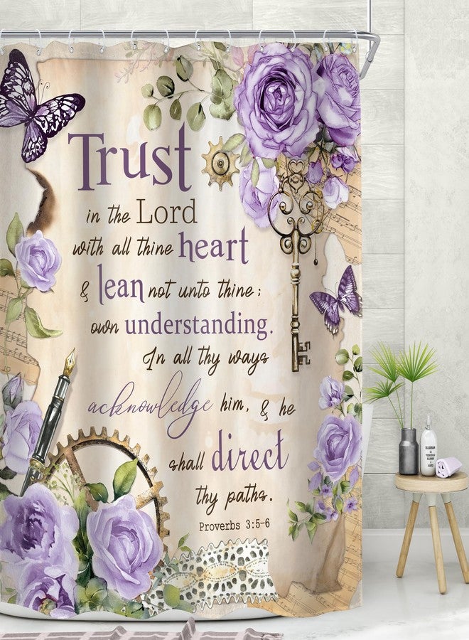 MESHELLY Vintage Purple Christian Shower Curtain 60Wx72H Retro Floral Bible Verse Bathroom Curtain Scripture Bath Curtain Fabric Rustic Flower Butterfly Quotes Bathroom Decor with 12 Hooks - Image 3