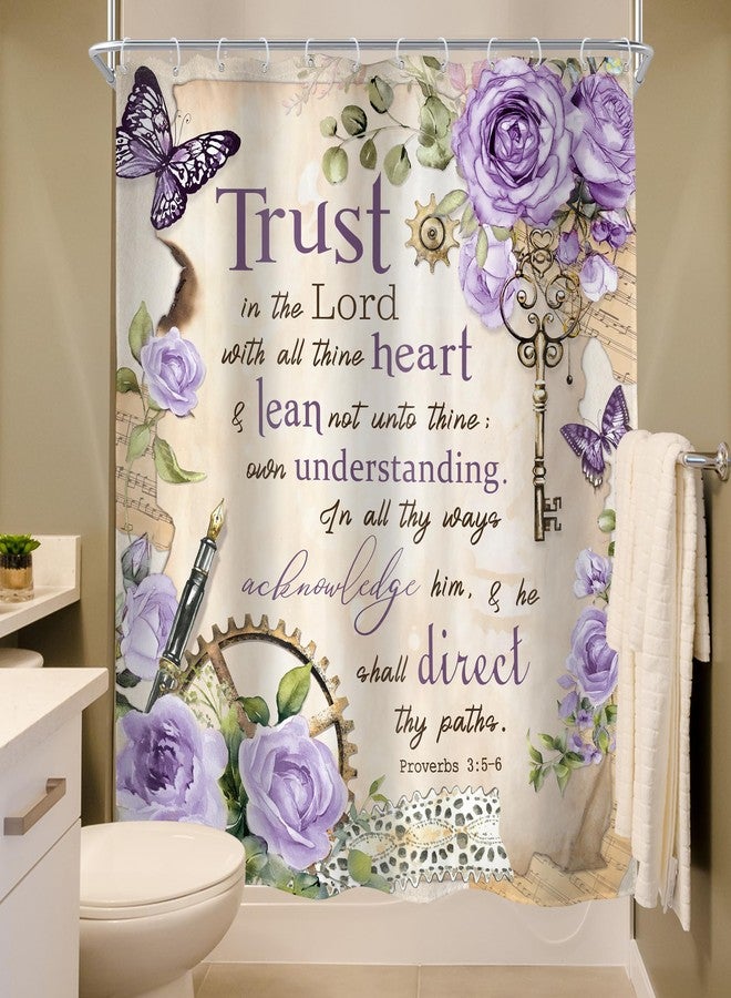 MESHELLY Vintage Purple Christian Shower Curtain 60Wx72H Retro Floral Bible Verse Bathroom Curtain Scripture Bath Curtain Fabric Rustic Flower Butterfly Quotes Bathroom Decor with 12 Hooks - Image 4
