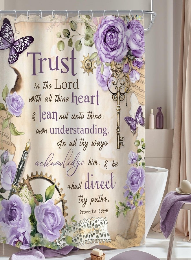 MESHELLY Vintage Purple Christian Shower Curtain 60Wx72H Retro Floral Bible Verse Bathroom Curtain Scripture Bath Curtain Fabric Rustic Flower Butterfly Quotes Bathroom Decor with 12 Hooks - Image 1