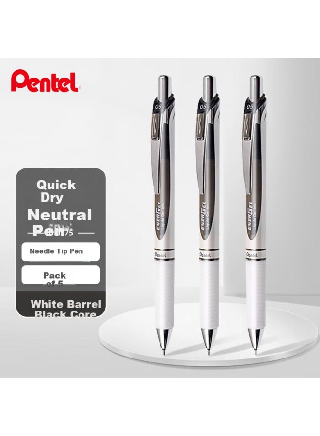 بنتل Pentel Bln75 قلم جل قابل للسحب 0.5 مم عالي الجودة للأعمال والطلاب حبر مائي سريع الجفاف قرطاسية مستلزمات مكتبية برميل أبيض حبر أسود 5 قطع - Image 1