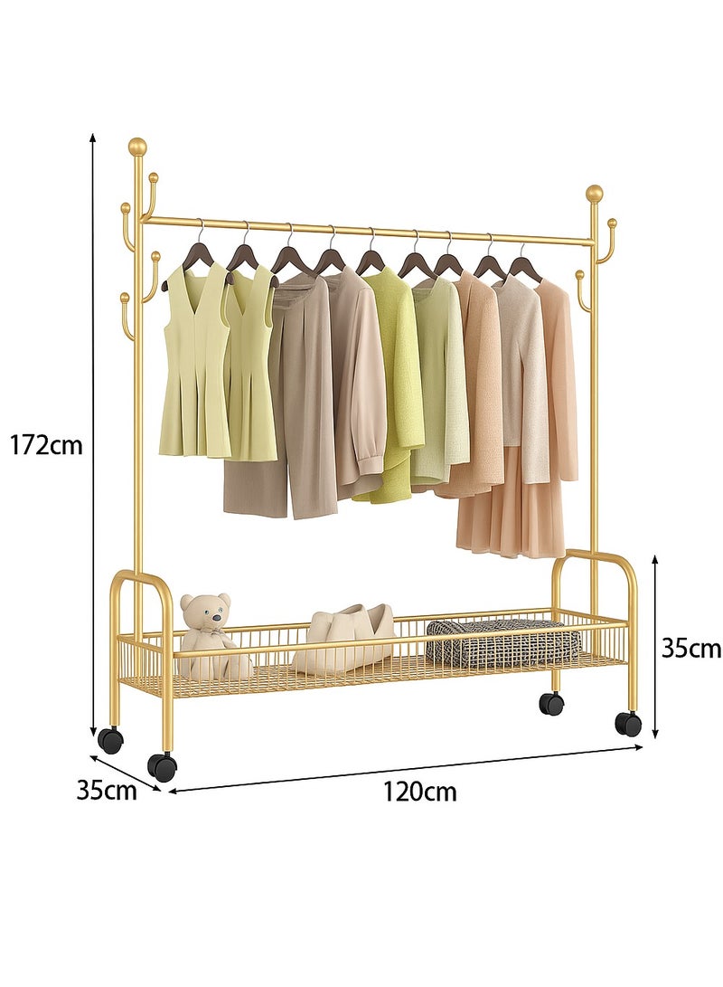 Living Premium Gold Metal Clothes Rack with Bottom Storage Shelf and Wheels – 172x120x35 cm Heavy Duty Garment Organizer Stand for Bedroom and Laundry 