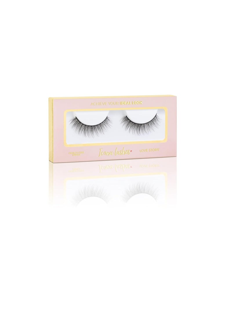 Icona Lashes False Eyelashes Pack - Fake Eyelashes Extensions - Soft, Fluffy Falsies with Tapered Ends & Professional-Grade Band - Handmade, Vegan, Reusable - Natural Black - Love Story 