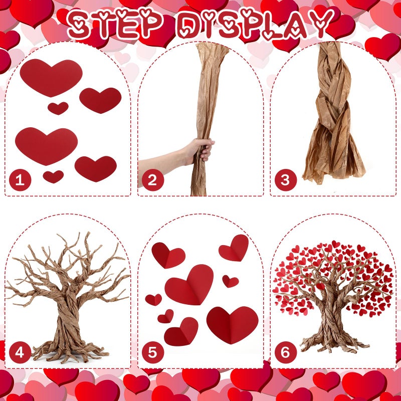 Resurhang 100 Pcs Valentine's Day Tree Bulletin Board Set DIY 3D Cardboard Kraft Tree with Red Heart Cutouts Bulletin Board with Glue Points Wall Educational for Party Wedding Anniversary Supplies - Image 4