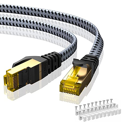 ARISKEEN Cat 8 Ethernet Cable 100 FT, 40Gbps 2000Mhz High Speed Cat8 Network LAN Patch Cord, Nylon Braided Heavy Duty Shielded RJ45 Flat Internet Cable with Clips for Indoor Outdoor - 100 Feet (Grey) - Image 1
