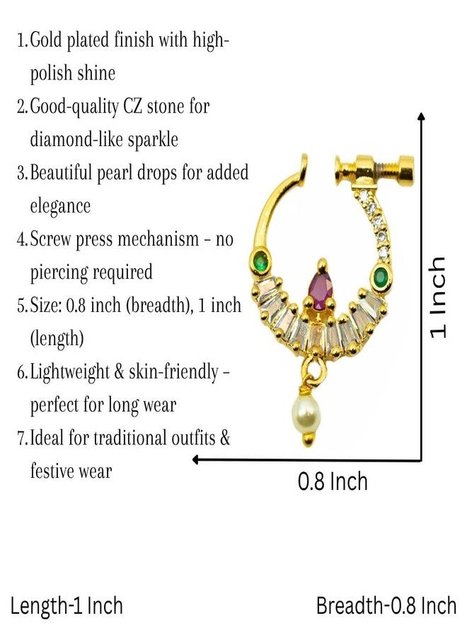 ZEELLO Traditional Gold Plated Nath Nose Ring, Multicolour CZ Stones with Pearl Drop, Screw Back Closure, Indian Wedding Jewelry - Image 3