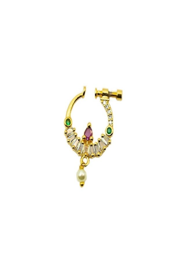 ZEELLO Traditional Gold Plated Nath Nose Ring, Multicolour CZ Stones with Pearl Drop, Screw Back Closure, Indian Wedding Jewelry - Image 1