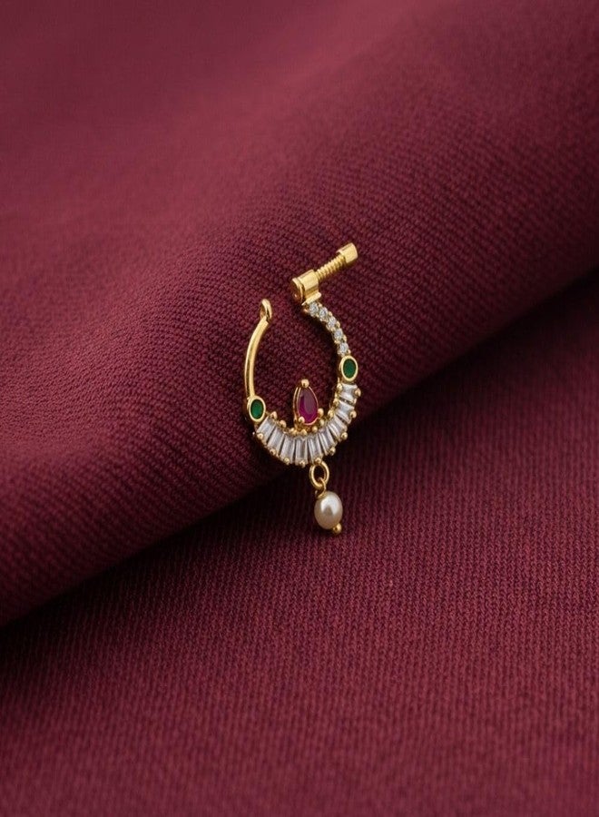 ZEELLO Traditional Gold Plated Nath Nose Ring, Multicolour CZ Stones with Pearl Drop, Screw Back Closure, Indian Wedding Jewelry - Image 2