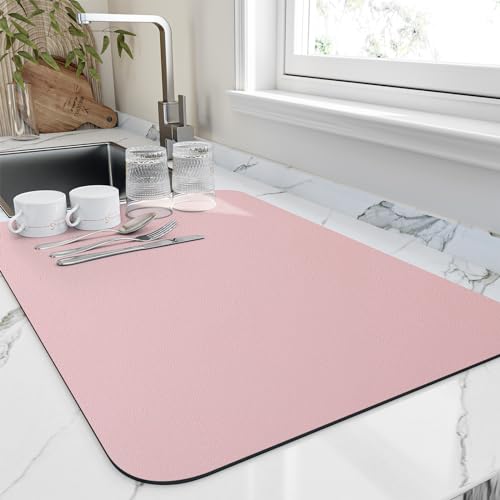 HotLive Dish Drying Mat for Kitchen Counter, Heat Resistant Drainer Mats with Non-slip Rubber Backed, Hide Stain Kitchen Super Absorbent Draining Mat, Easy to Clean Dish Rack Pad, Pink 16"x18" - Image 1