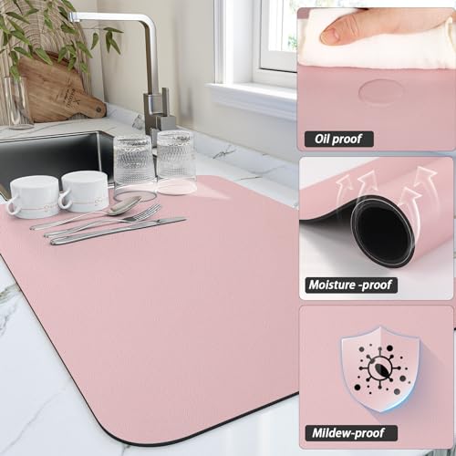HotLive Dish Drying Mat for Kitchen Counter, Heat Resistant Drainer Mats with Non-slip Rubber Backed, Hide Stain Kitchen Super Absorbent Draining Mat, Easy to Clean Dish Rack Pad, Pink 16"x18" - Image 3