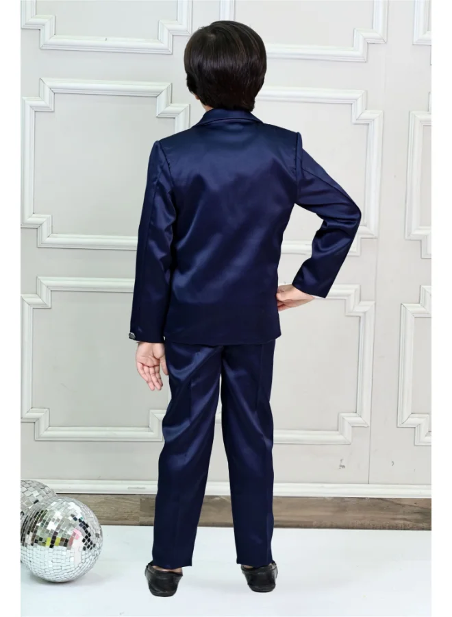 BT DEZINES Boys Dark Blue Satin 4 Piece Suit Set