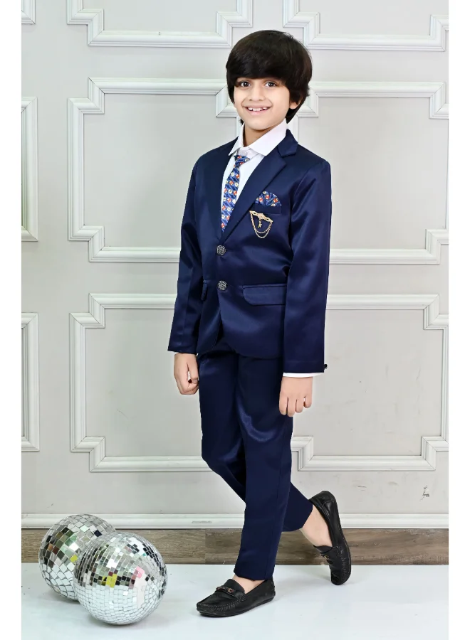 BT DEZINES Boys Dark Blue Satin 4 Piece Suit Set