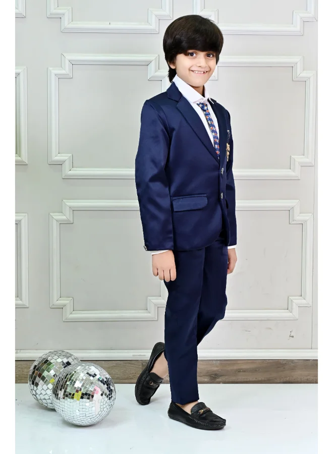 BT DEZINES Boys Dark Blue Satin 4 Piece Suit Set